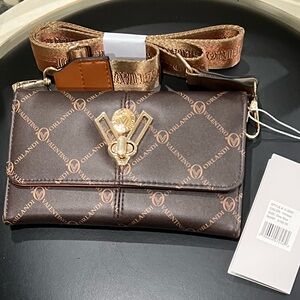 Valentino Brown and Gold Logo Crossbody Bag with turn lock closure